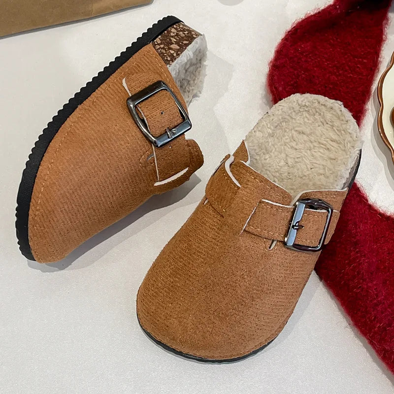 2025 niños niñas invierno cálido felpa corcho cama piel zuecos zapatillas señora peluda casa pisos zapatillas de algodón