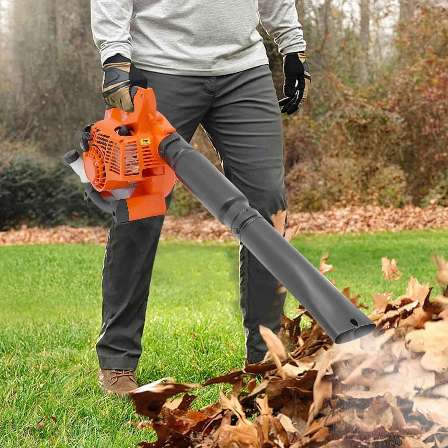 Soplador de hojas, soplador de hojas a gas de 25,4 CC y 2 ciclos, soplador inalámbrico de mano para el cuidado del césped con 2 tubos de viento, naranja