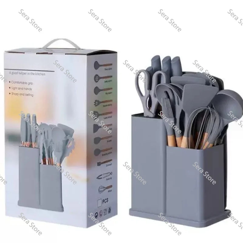 Juego de Utensilios de Cocina de Silicona de 19 Piezas, Sartén Antiadherente, Espátula para Cocinar con Cubo de Almacenamiento, Juego Combinado de Cuchillos