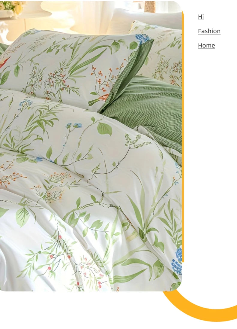 Juego de funda nórdica con estampado floral de hojas, 3 unidades/juego (1 funda nórdica y 2 fundas de almohada), juego de ropa de cama suave y agradable para la piel