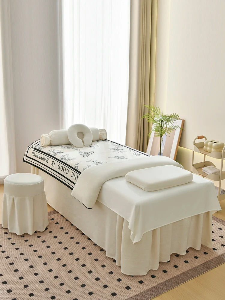 Juego de cama gruesa de terciopelo de leche para salón de belleza, falda de cama de Spa para masaje, funda de almohada, funda de taburete y funda nórdica, Sábana de salón para Club, 4 Uds.