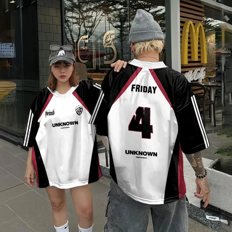 Vivodeco oversized black white and red short sleeve shirt modeled by two people outdoors with Friday number 4 and Unknown graphics on the back