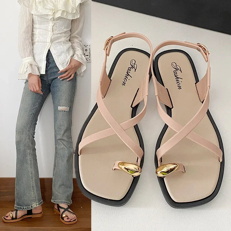 Sandalias de fondo plano de estilo francés para mujer, ropa para exteriores, Material de PVC de alta calidad, zapatillas de estilo romano para adultos, novedad de 2024