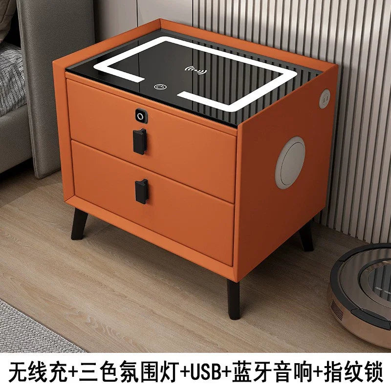 Mesita de noche de madera inteligente con altavoz cargador inalámbrico, mesita de noche minimalista moderna de dos cajones, muebles multifuncionales para el hogar