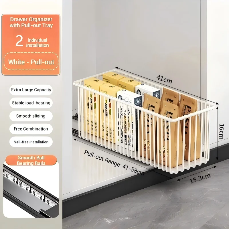 Organizador de gabinete extraíble de 2 piezas, cajones deslizantes de acero al carbono, estantes deslizantes para despensa, para organización de gabinetes de cocina.