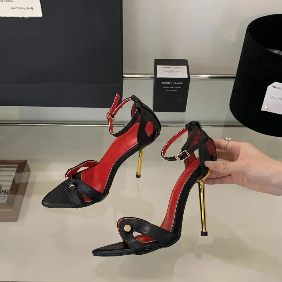 Sandalias de tacón alto para mujer, con estampado de leopardo, talla grande, con remaches metálicos huecos y puntiagudos, electrochapadas, para fiesta y discoteca, 2026