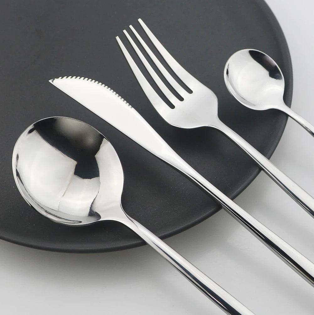 Juego de cubiertos dorados con mango negro, 24 Uds., cuchillo de acero inoxidable, tenedor, cuchara, vajilla, juego de cubiertos, vajilla de cocina para Festival, regalo