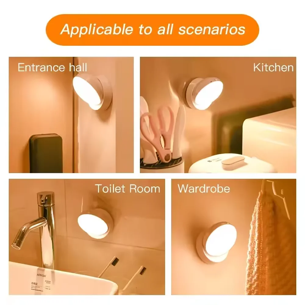Luz nocturna con Sensor de movimiento, iluminación LED inalámbrica recargable, magnética giratoria 360 para habitación, mesita de noche, iluminación de gabinete