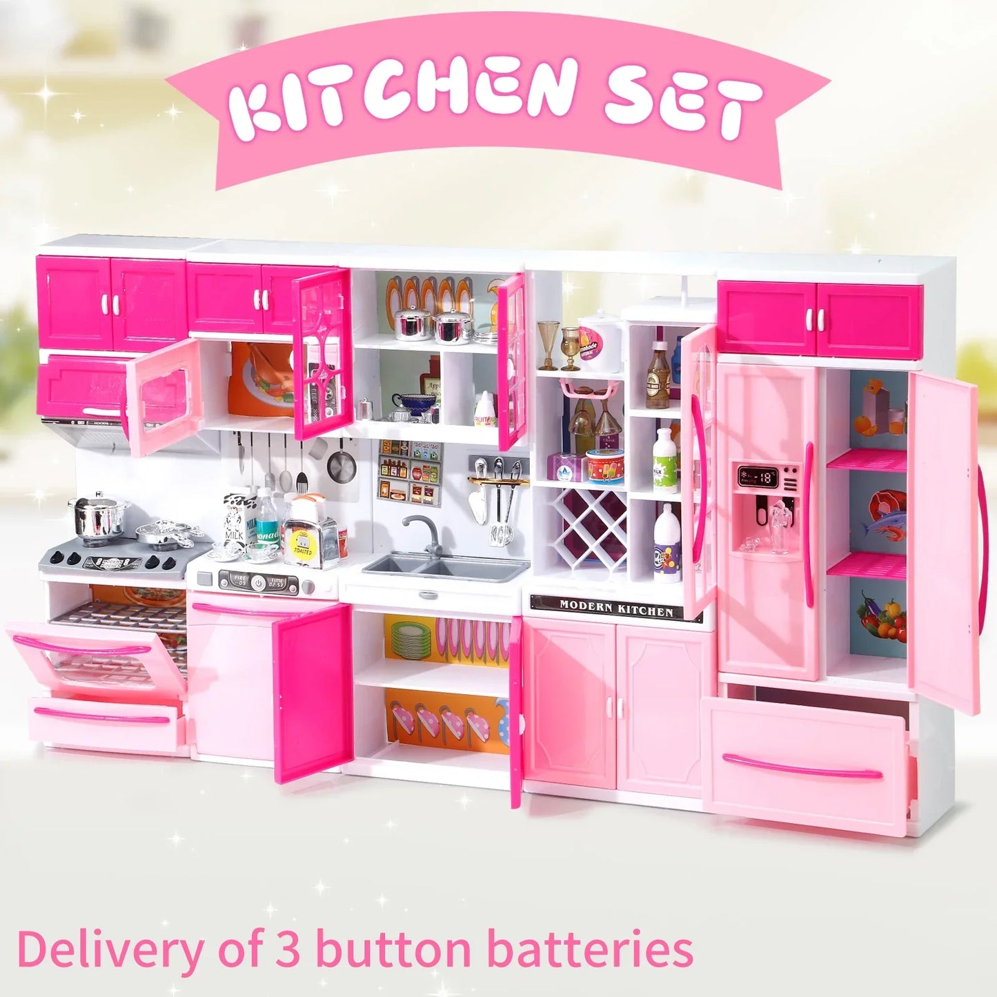 Juego de simulación combinado de cocina rosa, juego de juguetes de 5 piezas con luces y sonidos, para niñas, Navidad/Halloween/ Acción de Gracias/Año Nuevo