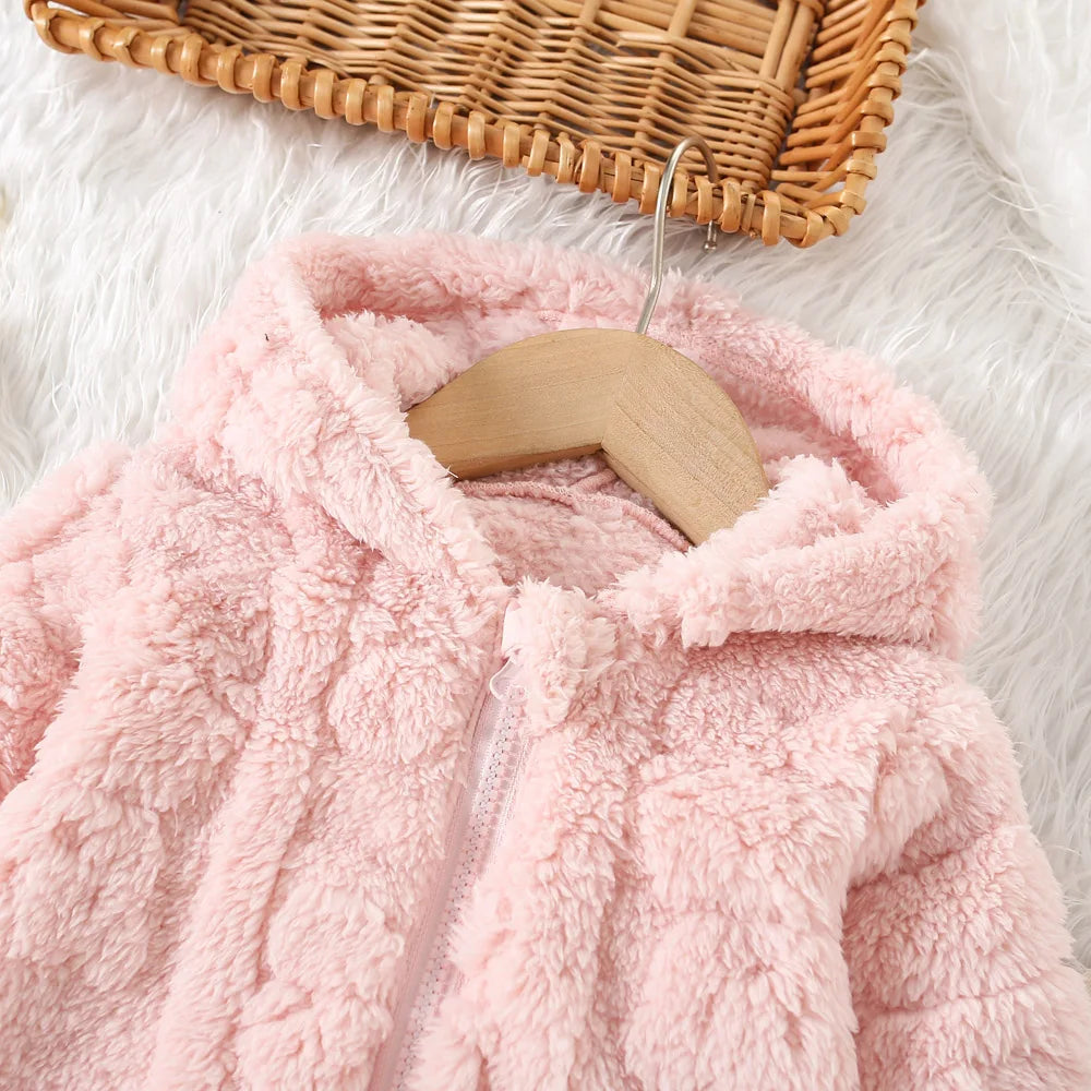 Chaqueta de lana rosa de princesa para niña con patrón de amor, abrigo cálido para niño pequeño, prendas de vestir con capucha, ropa de invierno para bebé
