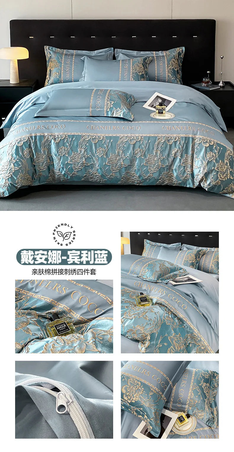 Juego de cama europeo de alta gama, juego de cuatro piezas de algodón de lujo, funda de edredón bordada de algodón, sábanas, sombreros, ropa de cama para personas mayores