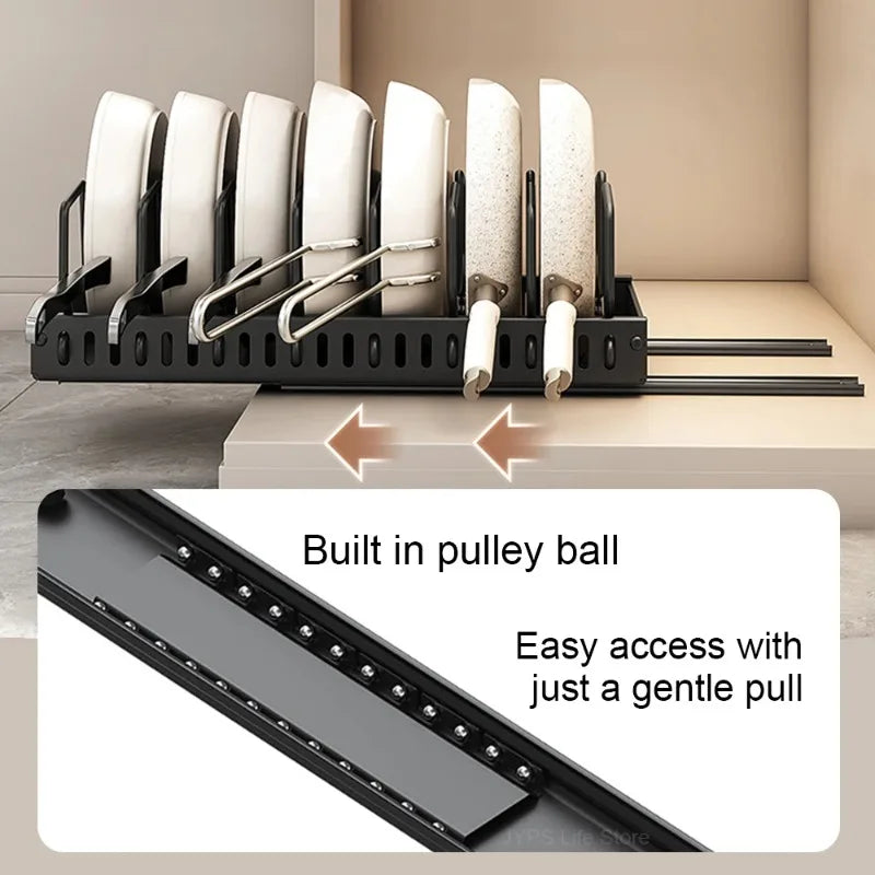 Organizador Multifuncional de Cocina Extraíble para Ollas/Sartenes, Soporte Deslizante para Tapas, Estante para Especias y Escurridor de Platos, Organizador de Cajones