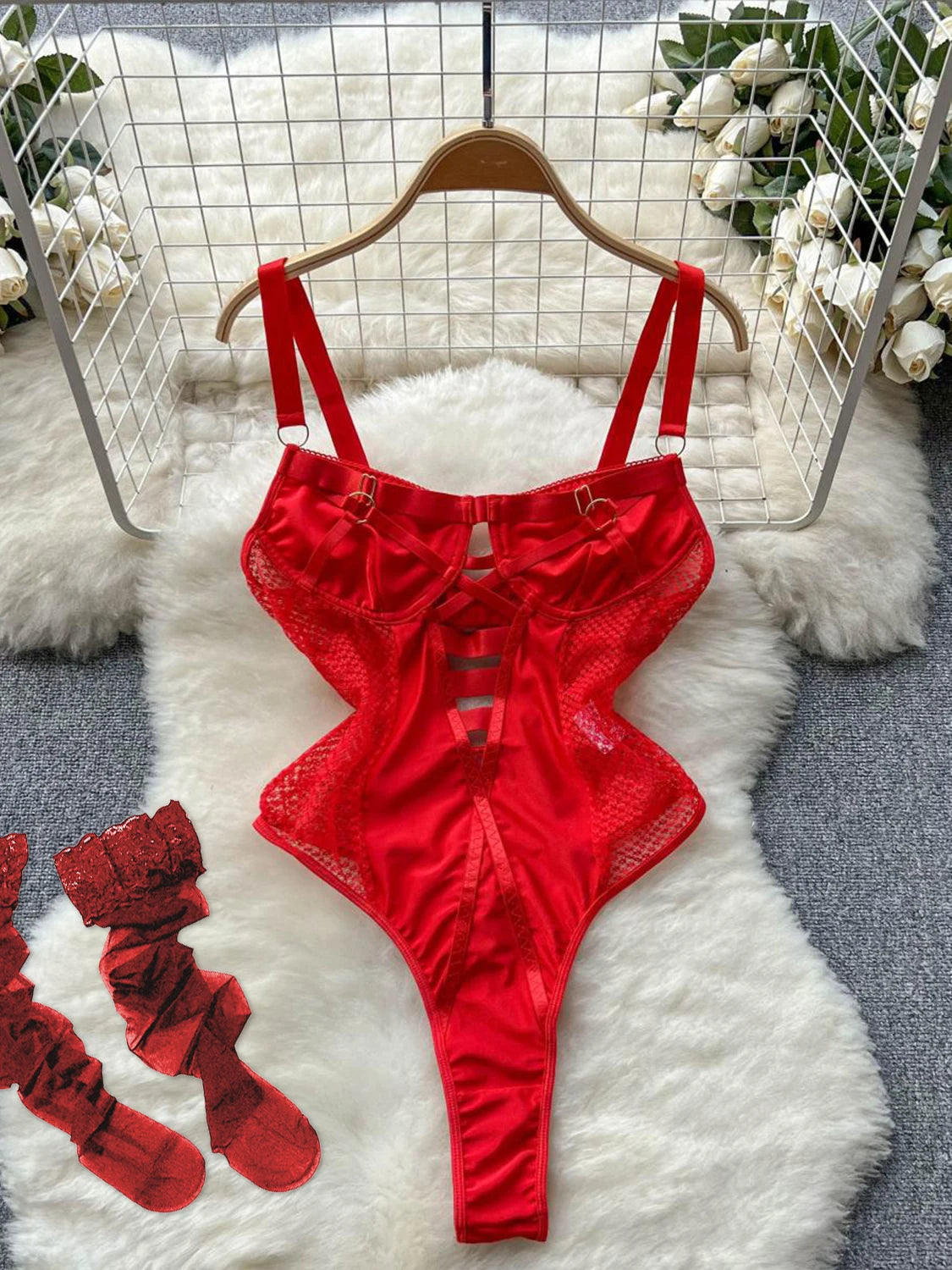Ropa de dormir para fiesta de San Valentín, Catsuits combinados, peleles de tiras de malla eróticos íntimos ajustados, monos de mujer, lencería, conjuntos sexys