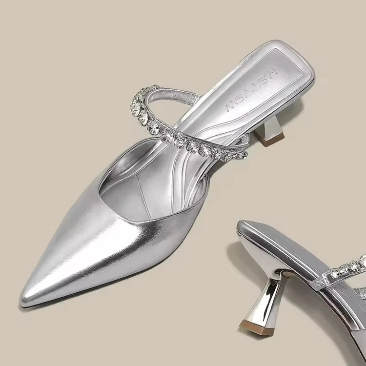 Hot Sale Summer Crystal Pointed Toe Pumps Slip on Thin Heels PU Upper Rubber Sole Elegant Womens Shoes