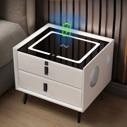 Mesita de noche de madera inteligente con altavoz cargador inalámbrico, mesita de noche minimalista moderna de dos cajones, muebles multifuncionales para el hogar