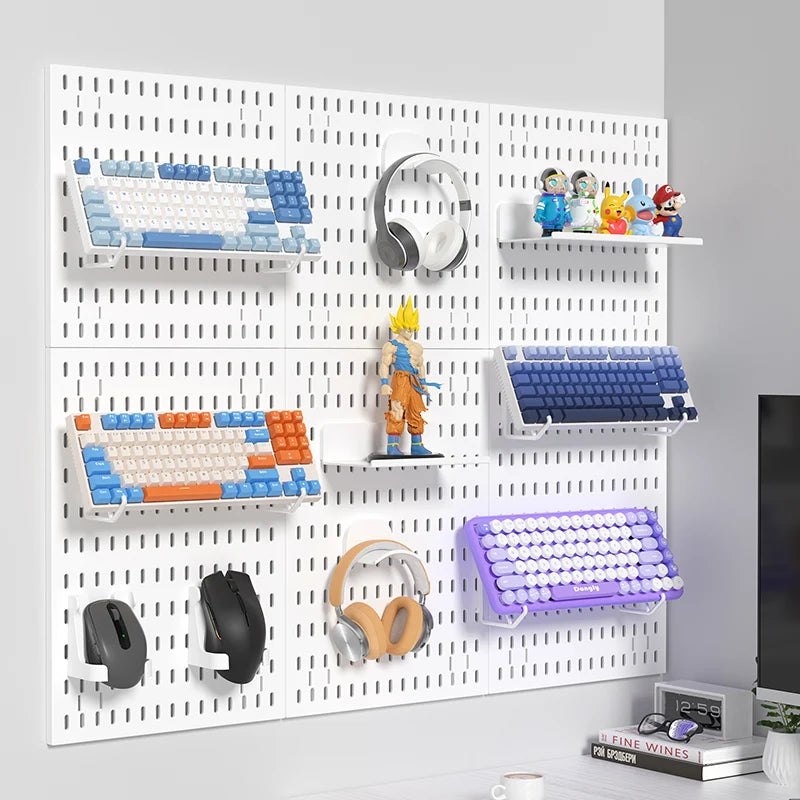 Kit organizador de pared combinado con tablero perforado DIY: paneles colgantes modulares, instalación sin perforaciones, ideal para exhibición de pared de habitaciones artesanales