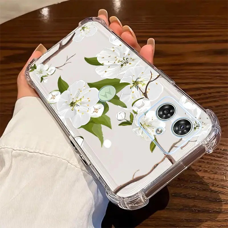 Funda de teléfono transparente G54 flores y hierba para Motorola Moto G54 G53 G52 G72 G82 G13 G73 G32 G84 G14 G42 G24Power G30 G9