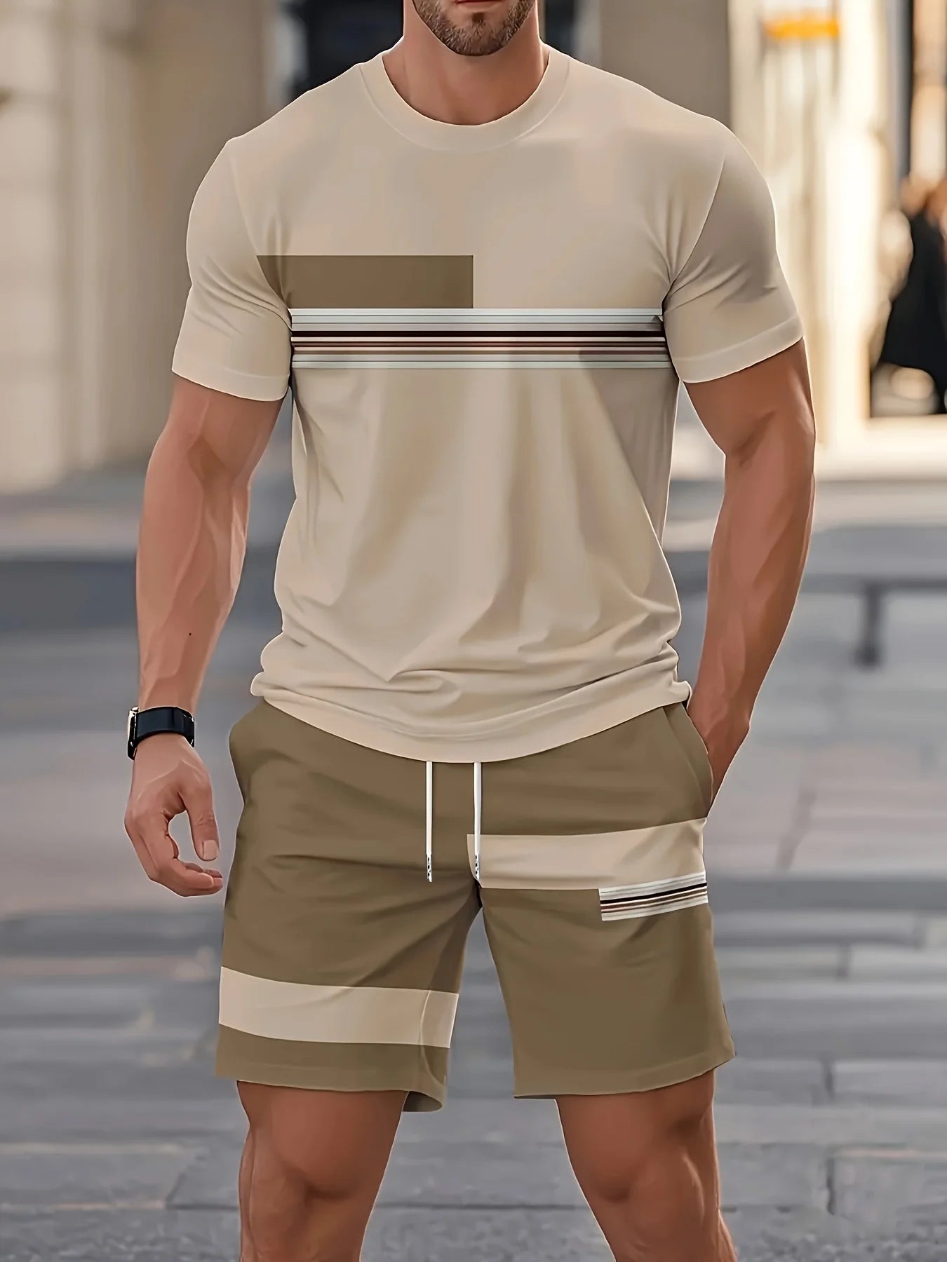 Nueva ropa deportiva de verano para hombre, conjunto de camiseta de manga corta a rayas, ropa de viaje al aire libre de dos piezas, pantalones cortos de ajuste relajado, ropa de entrenamiento