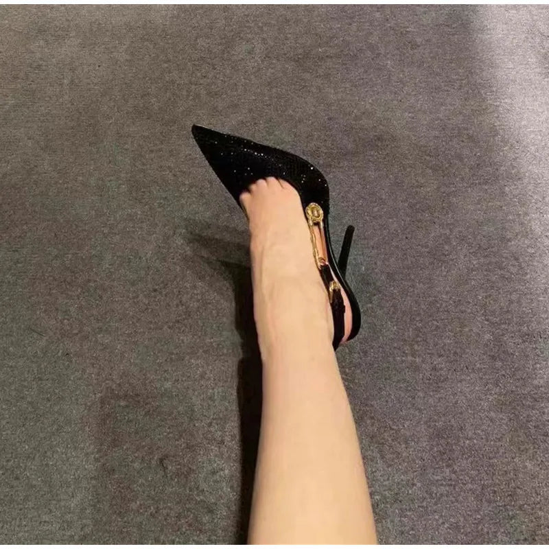 Zapatos de tacón de lujo con hebilla de lentejuelas y diamantes de imitación para mujer, zapatos de tacón alto de aguja con punta estrecha, zapatos de moda para primavera y verano