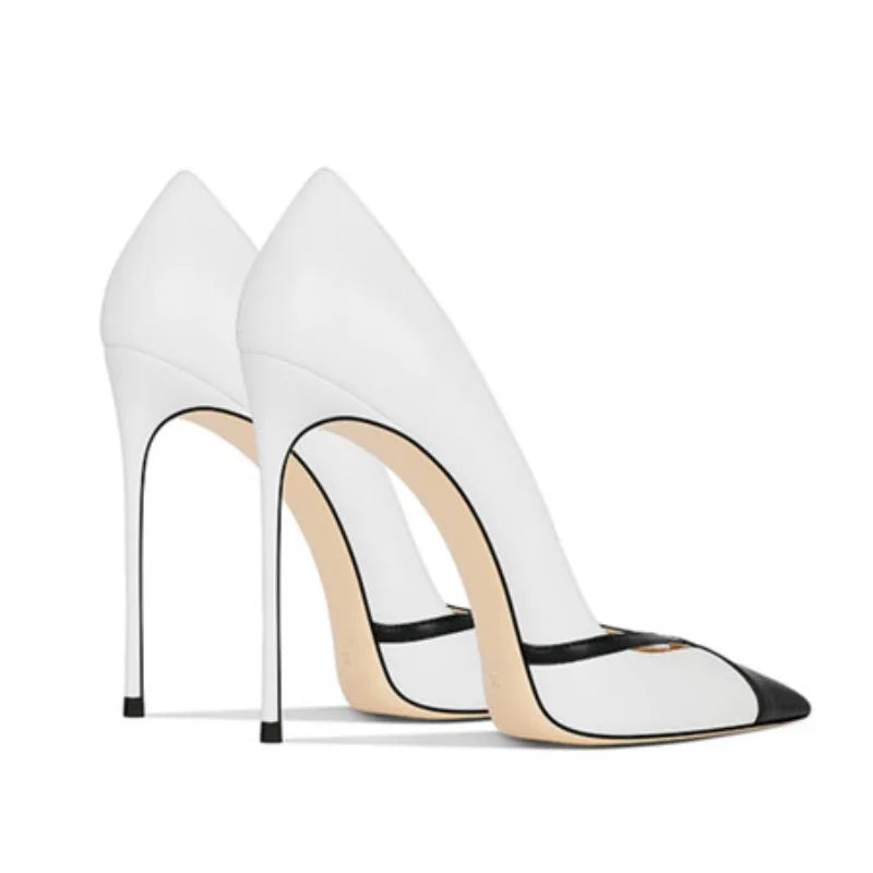 Zapatos de tacón alto de cuero blanco mate con punta puntiaguda y tacones de aguja poco profundos, zapatos de banquete sin cordones