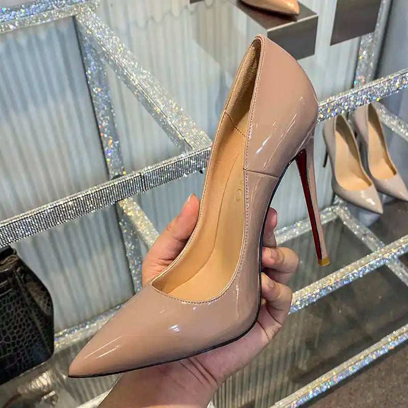 Zapatos de mujer 2025, marca de lujo, zapatos de tacón con suela roja, fondo rojo, puntiagudos, tacones altos de diseñador, zapatos elegantes de fiesta a la moda para mujer, 12cm