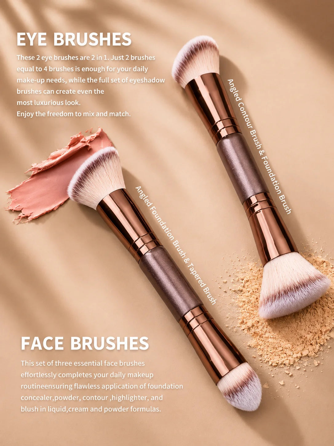 Set de Brochas de Maquillaje Profesional de Doble Punta que Incluye Brocha para Base, Brocha para Contorno, Brocha para Rubor, Brocha para Polvo, Brocha para Sombras de Ojos, C