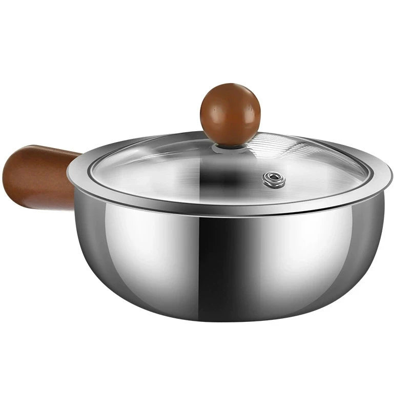 Olla para leche de acero inoxidable con mango de madera, olla compacta para cocinar, adecuada para freír huevos y calentar leche