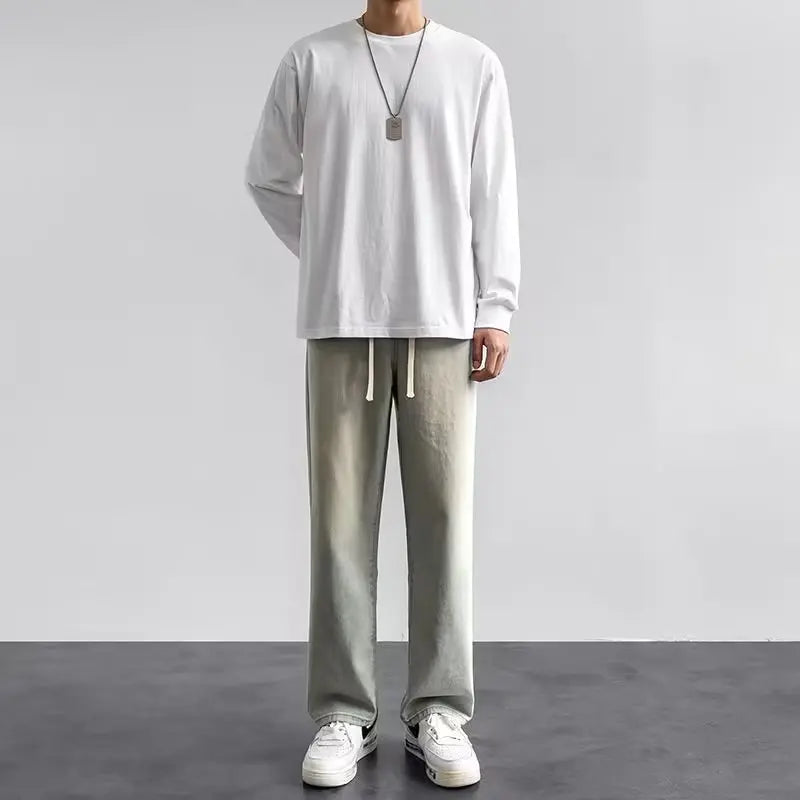 2025 nueva ropa para hombres pantalones de pierna ancha de mezclilla sueltos europeos y americanos pantalones vaqueros de pierna recta de cintura alta ajustados para hombres