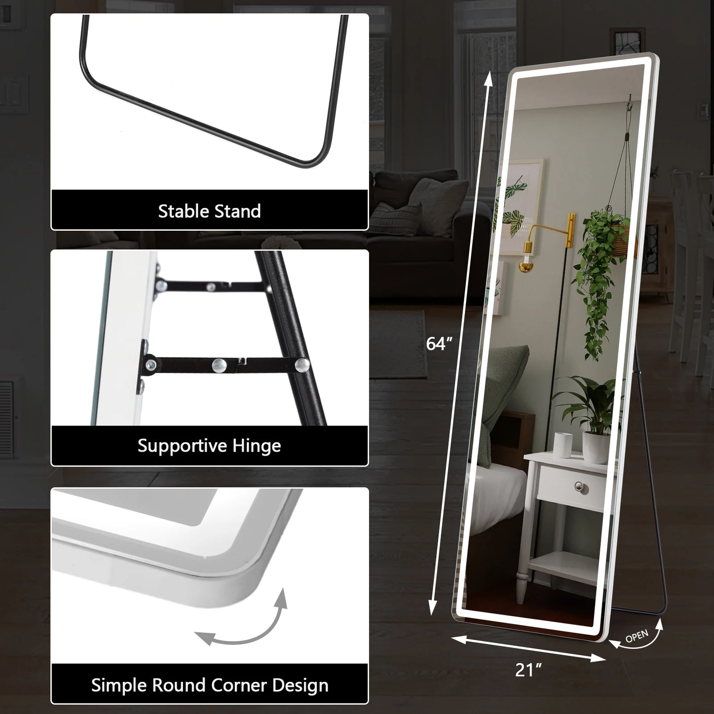 Espejos JHK con luces LED de longitud completa de 64"x21", espejos de pie o para colgar en la pared con soporte, marco de aleación de aluminio para el hogar