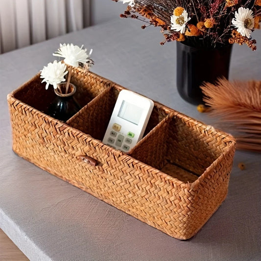 Caja de almacenamiento divisoria, cesta de almacenamiento tejida hecha a mano, estante vintage rectangular, para contenedores de almacenamiento de organización del hogar
