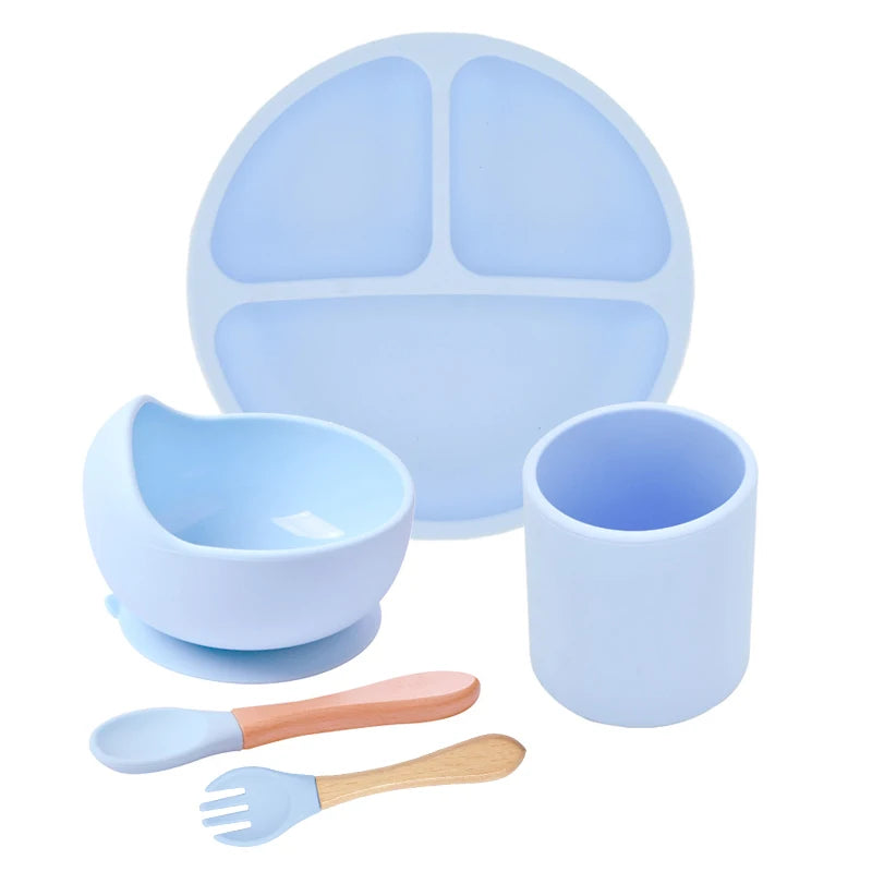 Juego de alimentación de silicona para bebé, cuenco de silicona, plato de comedor, cuchara, tenedor, platos para niños, vajilla de silicona sin BPA, 3/4/5 Uds.