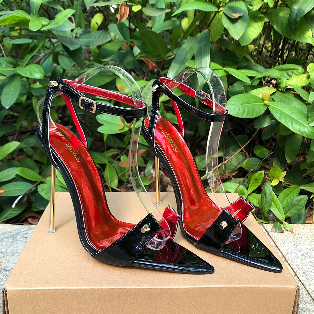 Zapatos de tacón de aguja para mujer, tacones altos de Metal de 12cm, sandalias sexis con correa en el tobillo y punta puntiaguda, modelo fetiche SM Man Drag Queen, zapatos Unisex