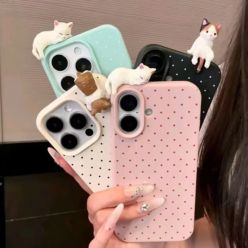 Funda de teléfono coreana con diseño de lunares para iPhone 17 Pro Max 16 15 14 Plus 13 12 11 X XR XS Max 16E 17Air, funda de gato de dibujos animados 3D
