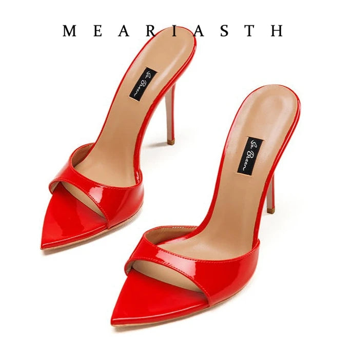 Sandalias de tacón de charol rojo, Sandalias poco profundas sin cordones, tacones sexis sólidos, zapatos de tacón de aguja de verano de 10CM, Sandalias con punta abierta y una correa