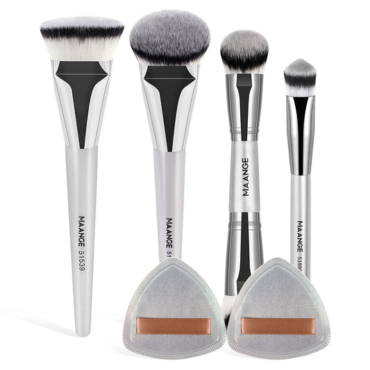 MAANGE Juego de 4 Brochas de Maquillaje con 2 Esponjas de Cojín de Aire, Brochas Kabuki para Corrector, Contorno y Escultura Facial, Ideales para Viaje