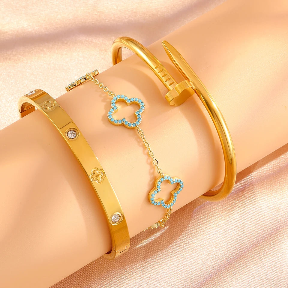 Pulsera de Acero Inoxidable Chapada en Oro con Cuatro Flores Apiladas, Brazaletes Brillantes con Circonita, Regalo de Joyería para Parejas