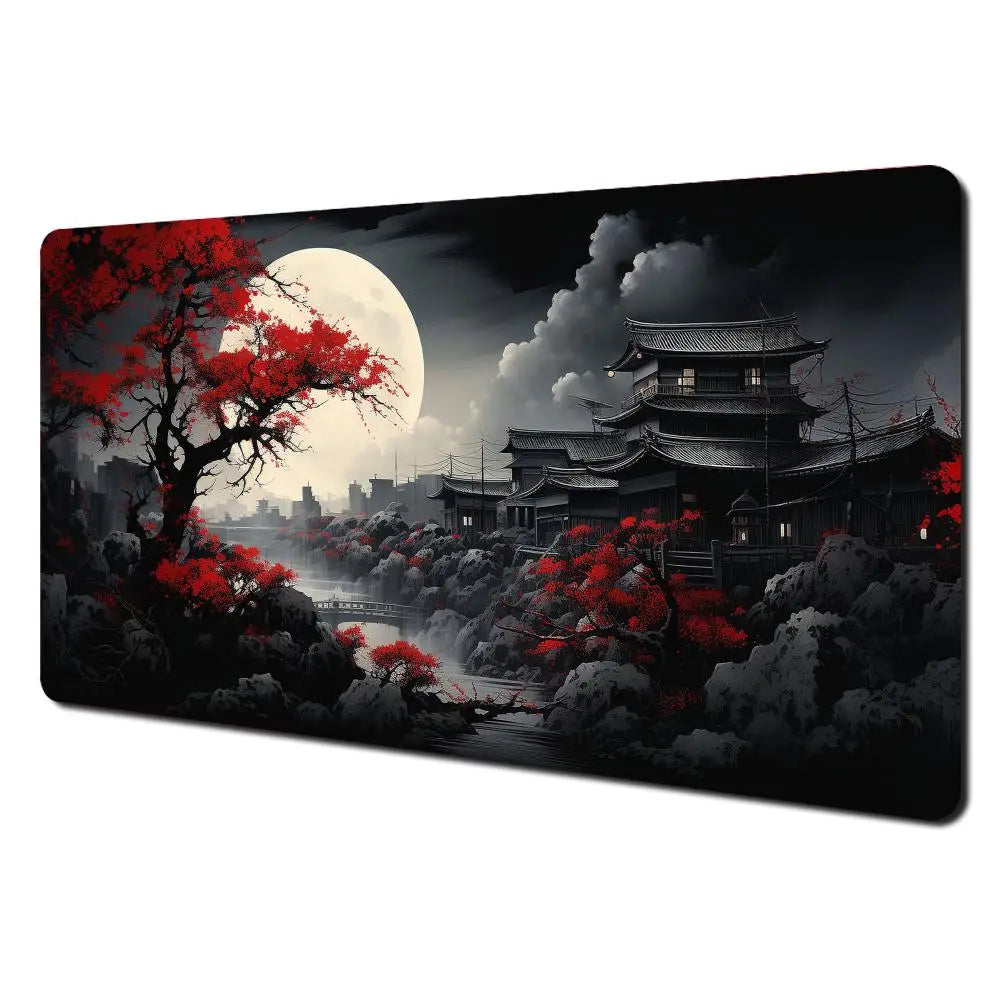 Alfombrilla de ratón grande con paisajes artísticos en rojo y negro, alfombrilla de escritorio duradera antideslizante, accesorios de oficina, alfombrilla para teclado y ratón, Tapis De Bureau