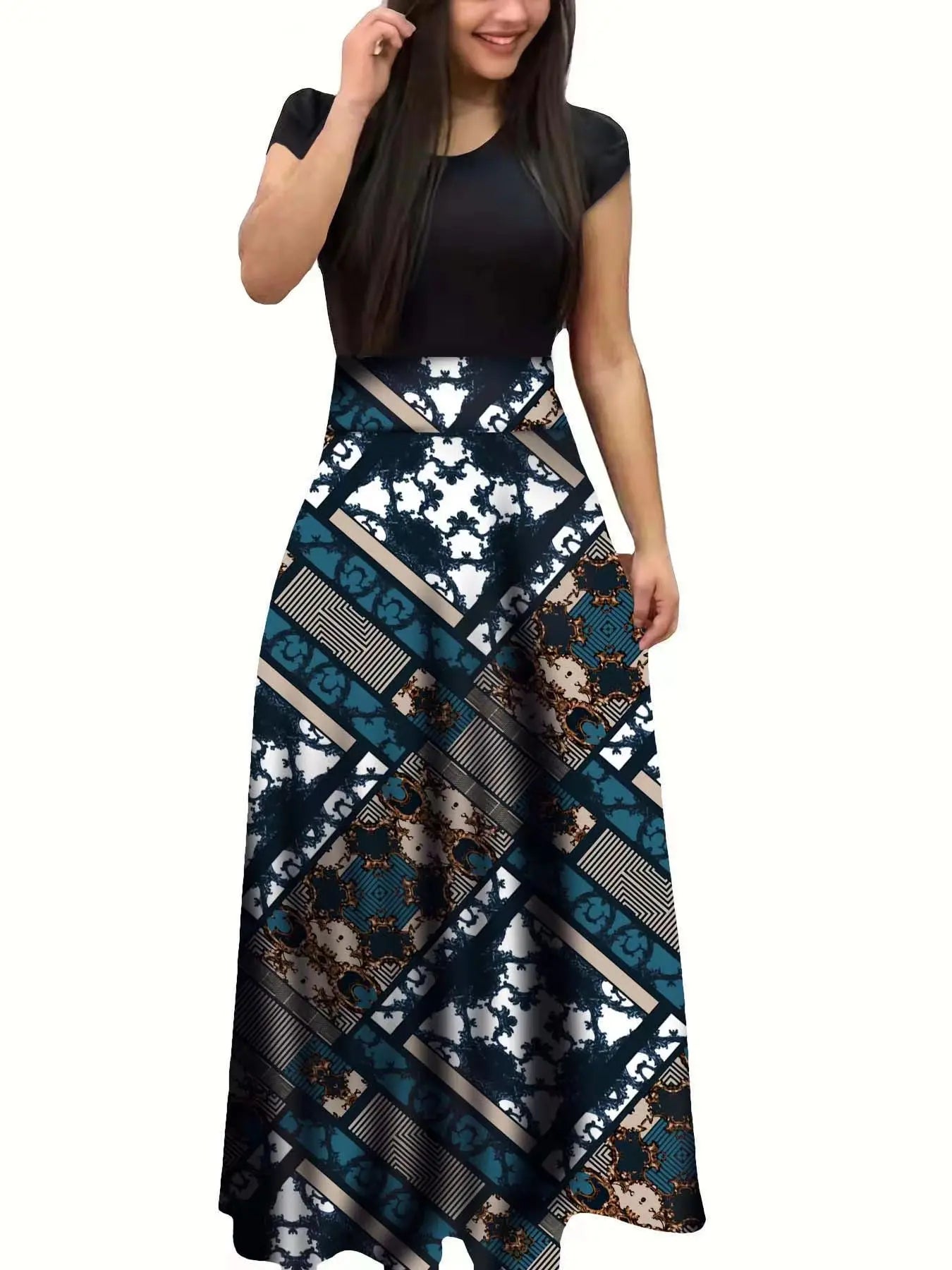Vestido de manga corta a juego con estampado de flores de estilo europeo y americano para mujer, falda con vuelo grande, 2024