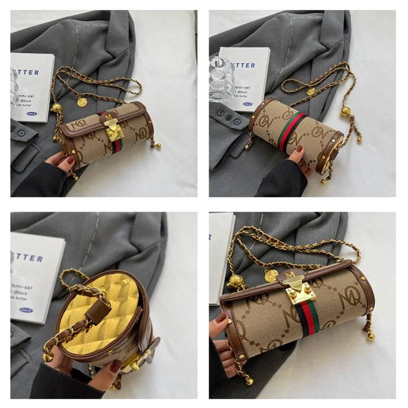 Bolso cilíndrico retro con correa de cadena, bolso de mujer, bolso versátil de hombro y bandolera, bolso mensajero