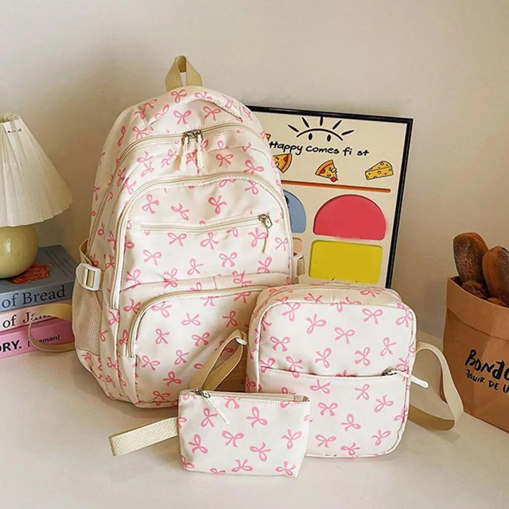 Conjunto de mochila de 3 uds., mochila con lazo de gran capacidad, bolso escolar de nailon con estampado de lazo, mochila para estudiantes con correa ajustable