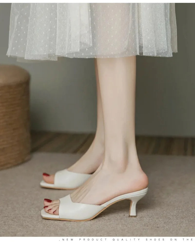 Pantuflas de Tacón Alto para Mujer, Pantuflas de Cuero Vacuno de Lujo, Pantuflas de Moda con Punta Cuadrada, Pantuflas de Tacón Alto con Punta Abierta para Verano