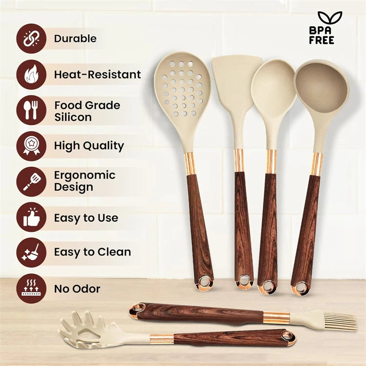 LMETJMA Juego de utensilios de cocina de silicona, 10 Uds., utensilio de cocina con soporte para utensilios, asas de patrón de madera, utensilios de cocina antiadherentes JT264