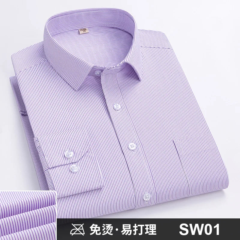 Camisa Formal de manga larga para hombre S ~ 8XL, camisas blancas de negocios de moda de gran tamaño a rayas de Color sólido, antiarrugas y sin planchar