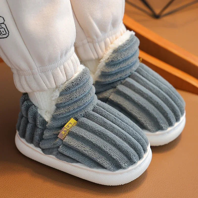 Nuevas zapatillas de felpa a rayas sencillas de invierno, suela suave antideslizante para niños y niñas, zapatos cálidos de algodón para el hogar
