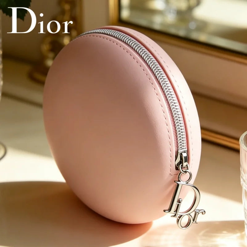 Bolso Christian Dior, bolso de maquillaje de silicona redondo rosa de lujo para mujer, organizador de cosméticos portátil para viaje, pequeño organizador de cosméticos de silicona suave