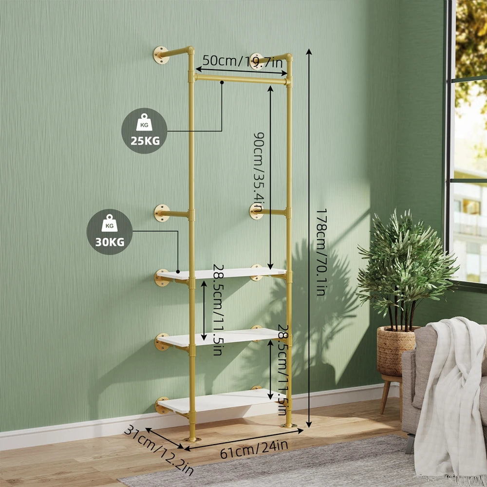 Perchero de pared para ropa, tubo industrial, dorado, con estantes de 3 niveles