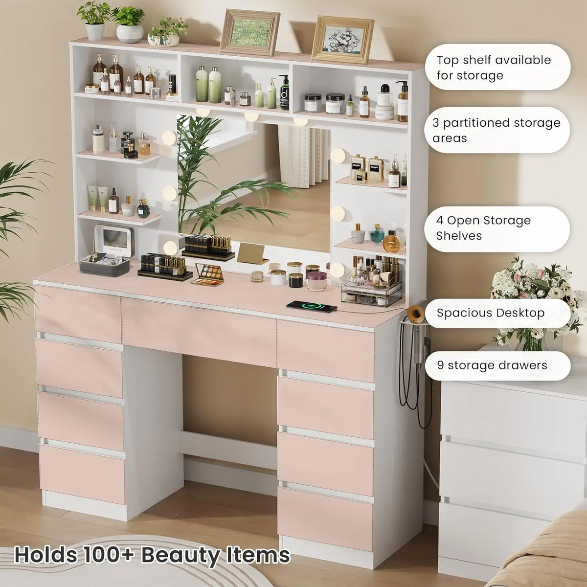 Tocador con espejo y luces, 9 cajones, 7 estantes, blanco, mesa de maquillaje de 43 pulgadas, USB y enchufes