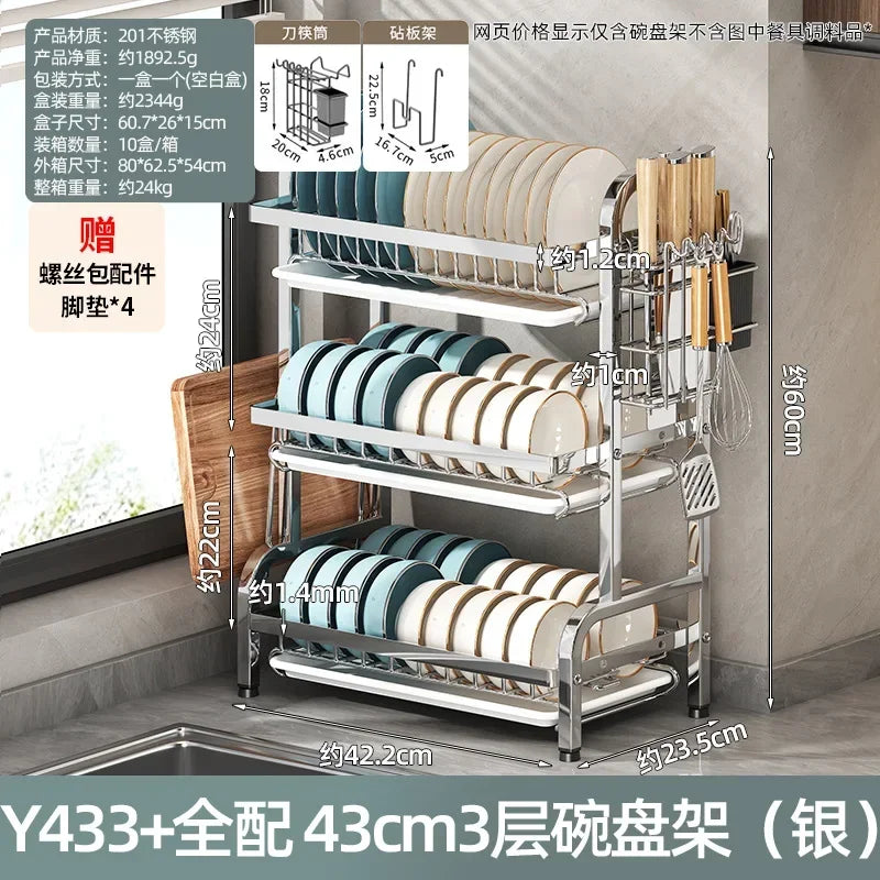 Estante para vajilla de 3 niveles, secado de platos de acero inoxidable 304 con bandeja, soporte de almacenamiento para mostrador de cocina con organizador de tabla de cortar