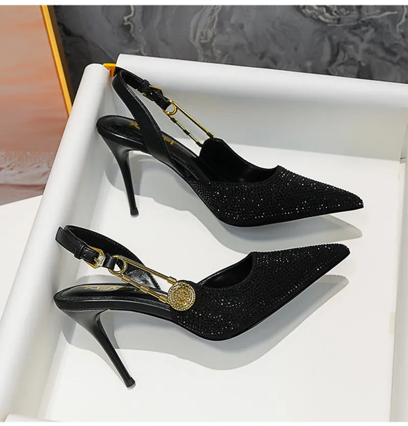 Zapatos de tacón de lujo con hebilla de lentejuelas y diamantes de imitación para mujer, zapatos de tacón alto de aguja con punta estrecha, zapatos de moda para primavera y verano