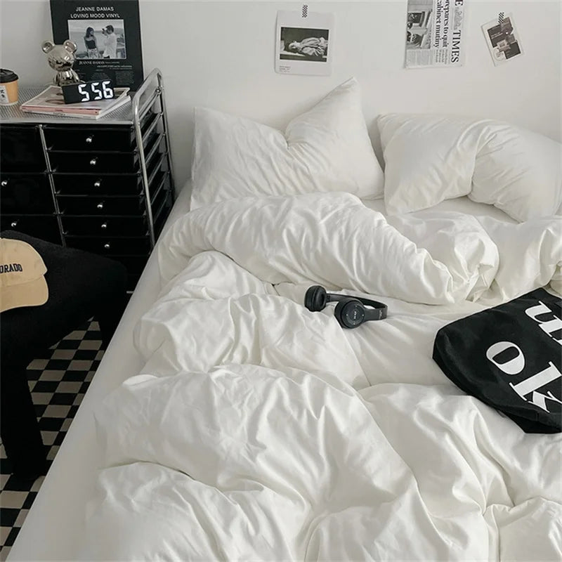 Juego de Ropa de Cama 100% Algodón, Juego de Sábanas de Algodón Lavado de Cuatro Piezas, Juego de Edredón, Funda de Edredón Doble para Parejas